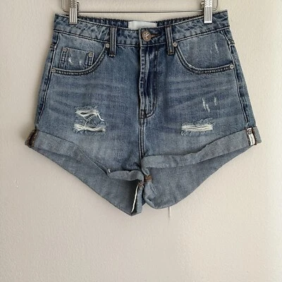 One Teaspoon Bandits Shorts Women's 27 Blue Denim High Waisted Cuffed Pockets - Image 1 of 4