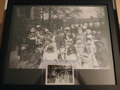 Vintage Halloween Kids~c1940 Snapshot Photo~Witch~Devil~Masks~Costumes + 16 X 20 - Image 1 of 4