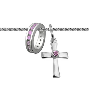 Schmuck Set Mädchen Kreuz Taufe Zirkonia Taufring pink und Kette Echt Silber 925 - Bild 1 von 5