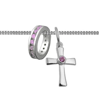 Schmuck Set Mädchen Kreuz Taufe Zirkonia Taufring pink und Kette Echt Silber 925 - Bild 1 von 4
