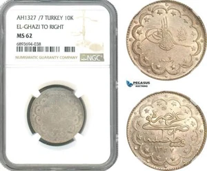 AJ973, Turkey, Ottoman Empire, Mehmed Reshad V, 10 Kurush AH1327//7, NGC MS62 - Picture 1 of 1