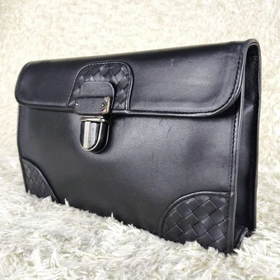 Bottega Veneta Intrecciato Leather Clutch Bag Strap Purse Flap Black MBc1311 - Image 1 of 4