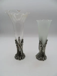 Vtg Lot 2 A E Williams Art Deco Women Fluted Glass Pewter Bud Vases 1 Frosted - Picture 1 of 14