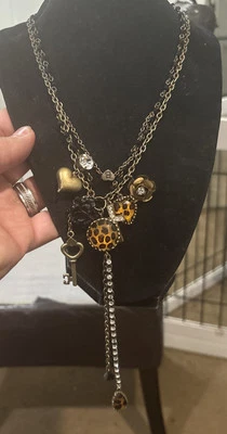 Betsey Johnson Vintage Leopard Love Lucite Puffy Heart Crystal Multi Necklace - Image 1 of 4