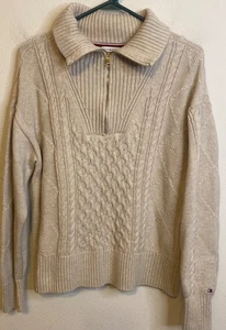 Tommy Hilfiger Cable Knit Cropped Fisherman Sweater Zip Front Turtleneck MEDIUM - Picture 1 of 4