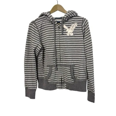 Sudadera con capucha retro American Eagle grande polar gris blanco a rayas cremallera completa para mujer Y2K Foto 1 de 4
