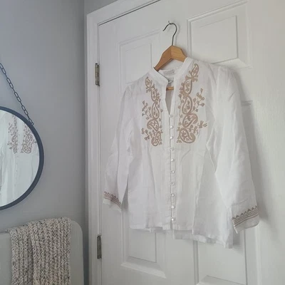 Túnica Top Tweeds 100% Lino Bordado Botón Talla M Blanco Clásico Lagenlook Boho Foto 1 de 4