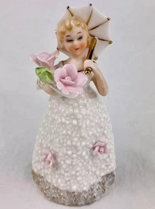 Vtg Ceramic Girl Pink Roses White DRESS Parasol Japan Nightlight I W Rice IRICE - Picture 1 of 18
