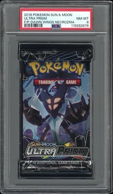 2018 Pokemon Int’l S&M Ultra Prism Dawn Wings Necrozma PSA 8 Foil Booster Pack - Image 1 of 2