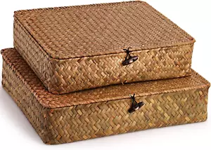 Elsjoy 2 Pack Seagrass Baskets with Lid, Wicker Storage Baskets Flat Rattan Stor - Picture 1 of 12