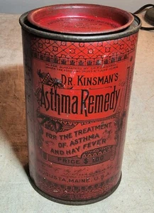 RARE ANTIQUE DR. KINSMAN'S ASTHMA REMEDY AUGUSTA, MAINE RED TIN 9 & 1/3 oz. SIZE - Picture 1 of 15