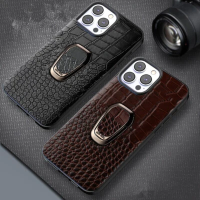 Genuine Leather Case For iPhone 14 Pro Max 13 Retro Crocodile Ring Bracket Cover - Image 1 of 4