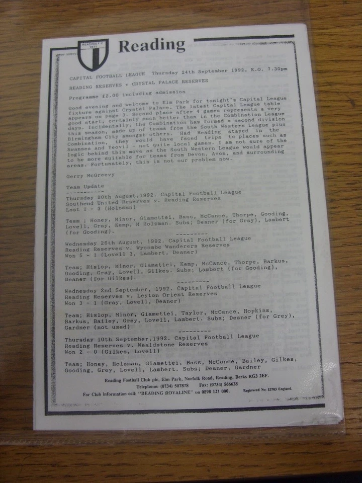24/09/1992 Reading Reserves v Crystal Palace Reserves  (4 pages). Thanks for vie - Image 1 of 1
