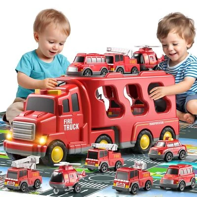 7 in 1 LKW Feuerwehrauto mit Licht und Musik Auto Transporter Kinder Spielzeug - Bild 1 von 4
