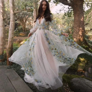 Fairy Long Wedding Dresses Full Sleeve Floral V Neck Forest A Line Flowers Gown - Picture 1 of 9