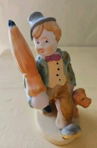 Statuina Porcellana Biscuit Bambino Cane Ombrello Statua - Foto 1 di 4
