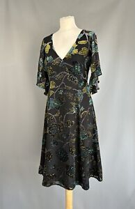 East Black Green Velvet Devore Floral Chiffon Sequin Silk Flare Midi Dress 10