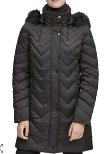 NWT ANDREW MARC MATTE SATIN CHEVRON FAUX FUR TRIM HOODED DOWN COAT $168 LRG - Picture 1 of 6