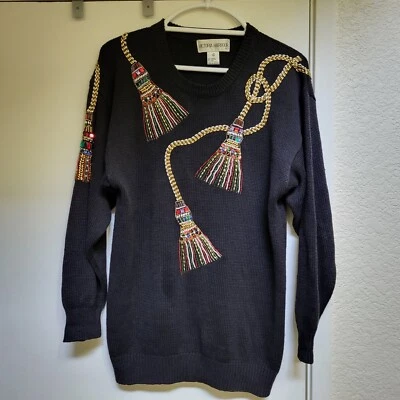 复古维多利亚港女式 S 毛衣 80 年代串珠流苏装饰假日  — 第 1/4 张图片