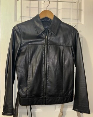 VINTAGE GAP Leather Moto Jacket 2002 Black Collared w Zippers Women’s Y2K Sz. S - Image 1 of 4