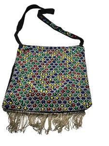 VINTAGE PLASTIC BEADED RETRO CANDY DOT FRINGED HOBO PURSE 60'S FOR REPAIR - Picture 1 of 10