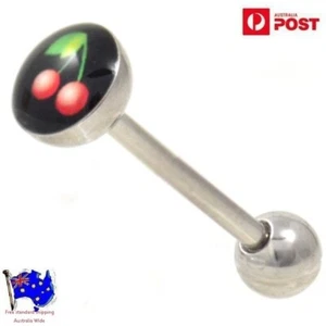 Cherry On Black Logo Tongue Bar Picture Tongue Ring Body Piercing Jewellery - Picture 1 of 2