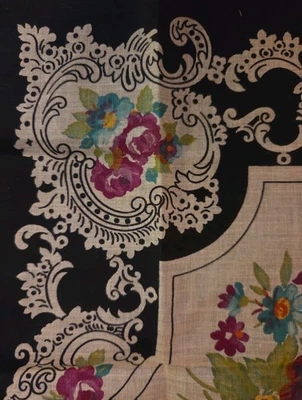 colorful Flowers & white Filigree on black Handkerchief - Image 1 of 3