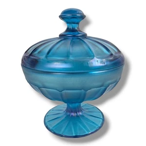 Fenton Bonboniere mit Glasdeckel Celeste blau Standfuß Stretch irisierend Vintage - Bild 1 von 9