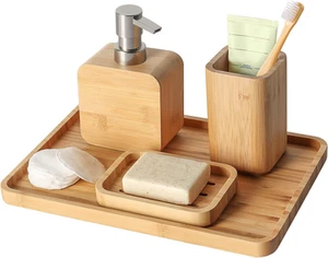 4Pcs Handmade Bamboo Sink & Bathroom Accessory Sets Retro Set, Natural, Soap Dis - Picture 1 of 12