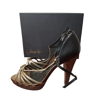 Shoes Of Prey Heels Womens Size 9.5 Black/Gold Ankle Strappy Sequins Glitter Foto 1 de 4