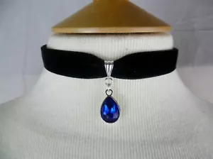 Black Velvet and Blue Teardrop Choker, Pick your neck size - Picture 1 of 2