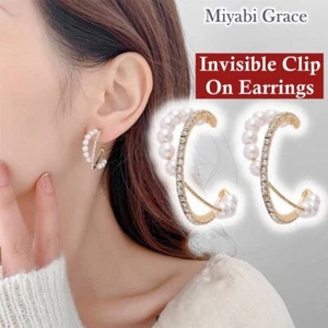 Pendientes con clip aro invisible perla transparente cristal estrás pendientes - Imagen 1 de 13