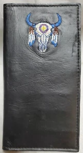 RODEO WALLET Long Cowboy CHECKBOOK COVER w EMBROIDERED Indian Buffalo SKULL Logo - Picture 1 of 15