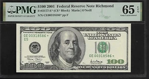 US $ 100 Star 2001 PMG 65 EPQ UNC Fr#2177-E* FRN Richmond Marin/O'Neill - Picture 1 of 4