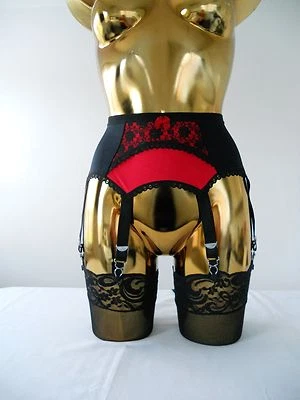 2XS Red + Black Lycra Arch Lace 6 Strap Designer Suspender Belt 22-24 Inch Waist - Imagem 1 de 4