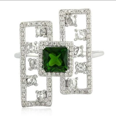 0.697ct Diamond Square Chrome Diopside Cockatiel Ring 18k White Gold - Image 1 of 4