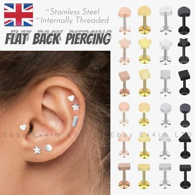 Stud Piercing Earrings Stainless Steel Heart Flat Cartilage Back Helix Labret UK - Image 1 of 4