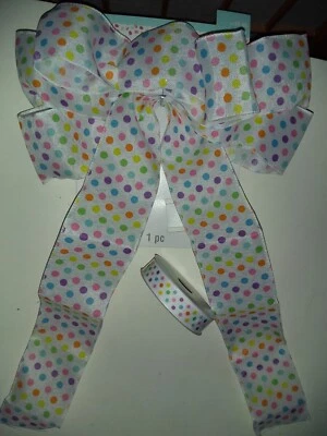 1-Multi-Color Polka Dot Wired BOW w/ 1-Matching RIBBON EASTER SPRING NEW - Image 1 of 4
