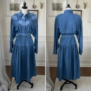 Vintage 80s 90s Urban Cowgirl Together! Country Denim Lace Dress Midi L - Picture 1 of 9