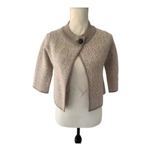 Heather B Tan & White Geometric Design Wool Cropped Cardigan Size PXS - Picture 1 of 7