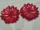 Lovely Set Of 2 Matching Red Glass Embossed Poinsetta Display Candle Plates GC