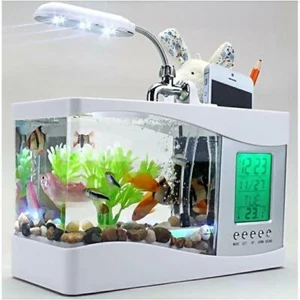 USB Desktop Aquarium Mini Aquarium Fließendes Wasser LED Licht LCD Uhr, Weiß - Bild 1 von 12