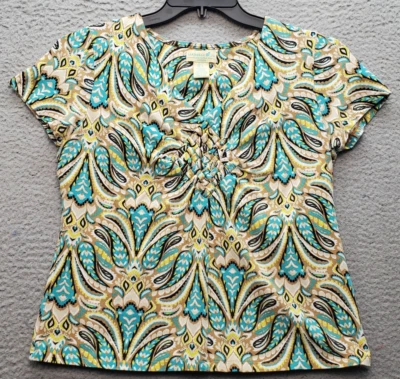 Caribbean Joe Blouse Top Women Petite L Multi Paisley V-Neck Cap Sleeve Pullover - Image 1 of 4