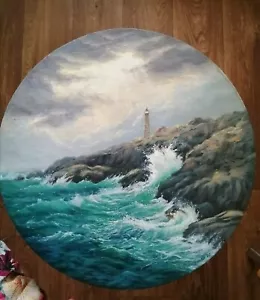 Dipinto a olio originale su tela rotonda paesaggio marino dipinto a mano 42 cm - Foto 1 di 1