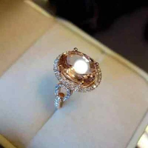 2.20Ct Oval Cut Moissanite Morganite Halo Engagement Ring 14K Rose Gold Plated - Picture 1 of 6