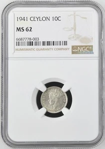 Ceylon 10 Cents 1941 NGC MS 62 - Picture 1 of 2