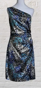 Maggy London Geo Print Ruched One Shoulder Event Cocktail Dress S 6 8 Wedding - Picture 1 of 8