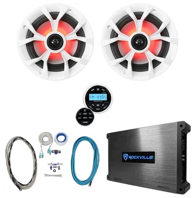 (2) Rockville RKL65MBW 6.5" 700w Marine LED Speakers+Receiver+Amplifier+Amp Kit - Image 1 of 4