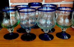 Hand Blown Glass Set Clear and Cobalt Blue Set of 7 Goblets Glass - Picture 1 of 16