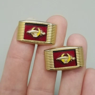 Abotoaduras maçônicas vintage Anson Shriners esmalte tom ouro vermelho - Imagem 1 de 4